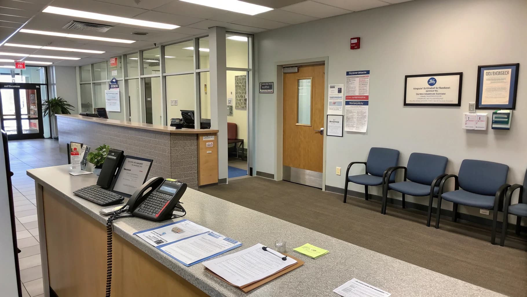Contact The Electrical Folks emergency electrician office reception area in Birmingham with desk and waiting space, no humans appears in the image