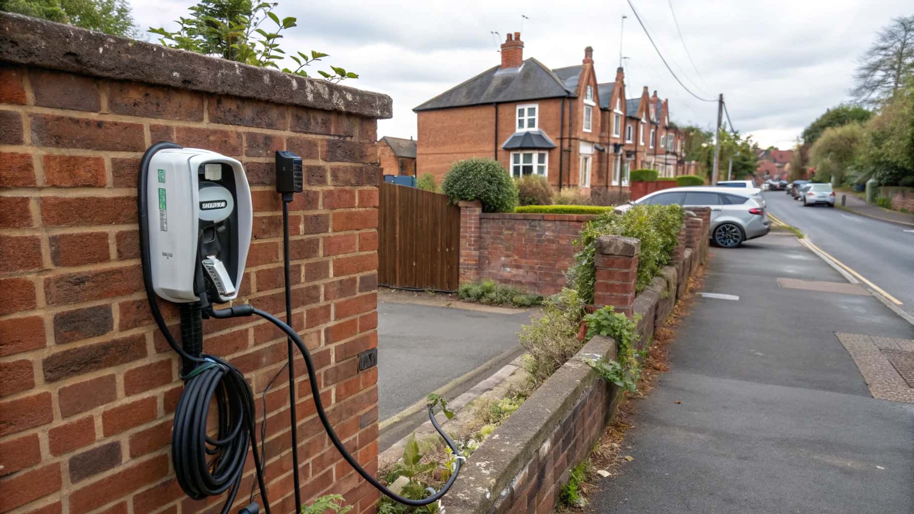 EV charger installation on brick wall in Birmingham residential setting, no humans appears in the image