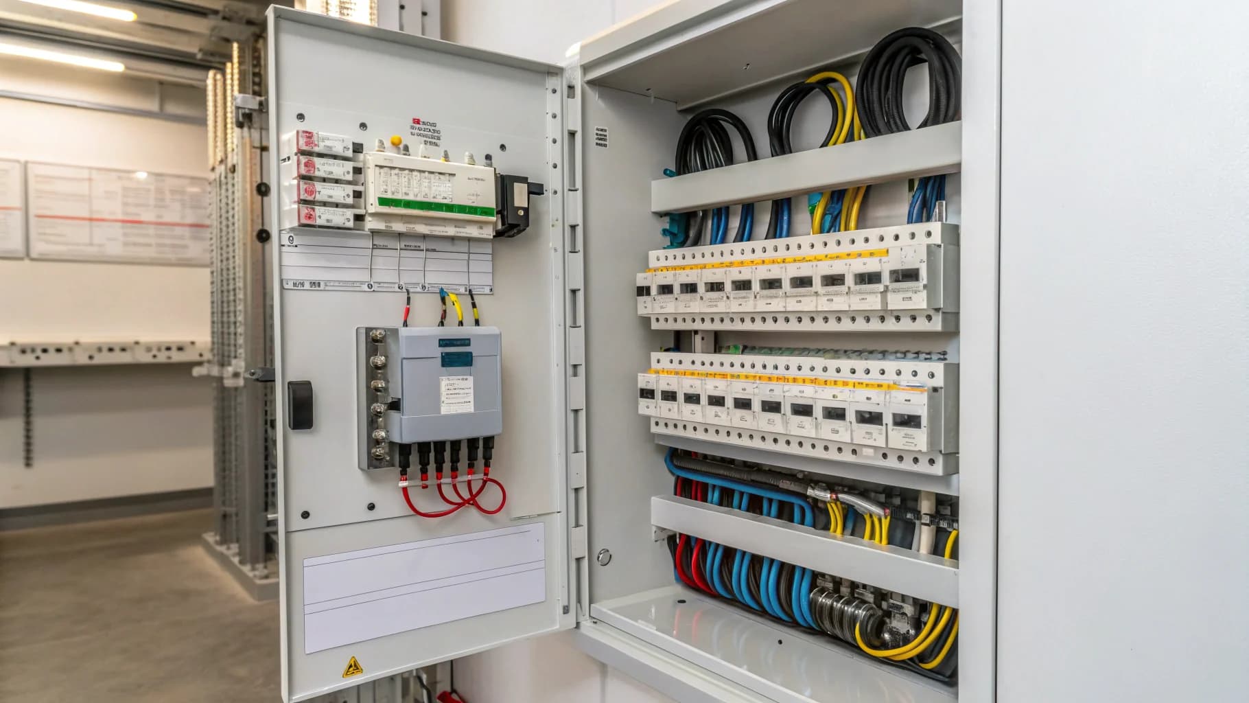 Professional electrical consumer unit installation with circuit breakers and safety equipment, no humans appears in the image