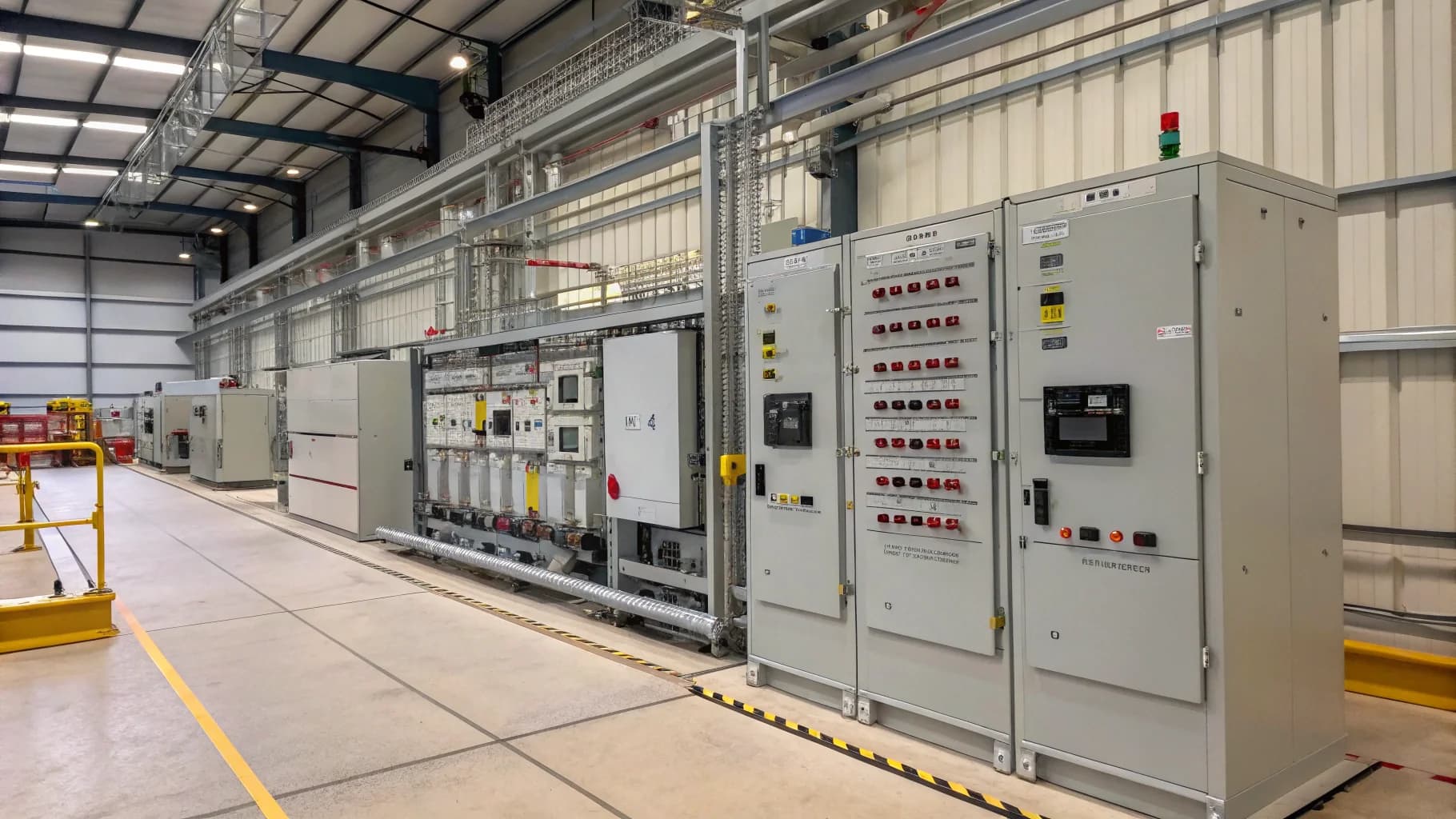 Professional commercial electrical installation with industrial panels and safety systems in Birmingham, no humans appears in the image