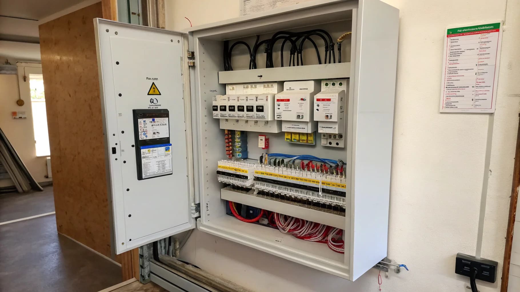 Electrical consumer unit with circuit breakers and testing equipment in Birmingham property, no humans appears in the image
