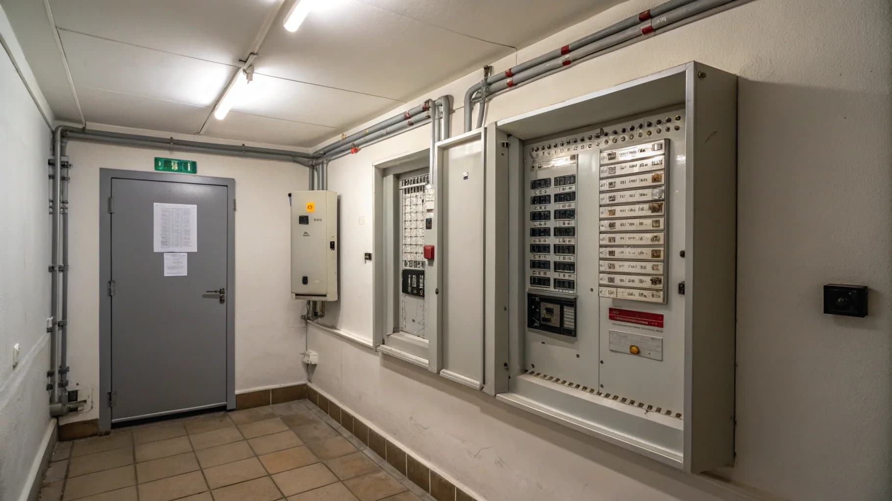 Illuminated electrical panel with circuit breakers in Birmingham utility room no humans appears in the image