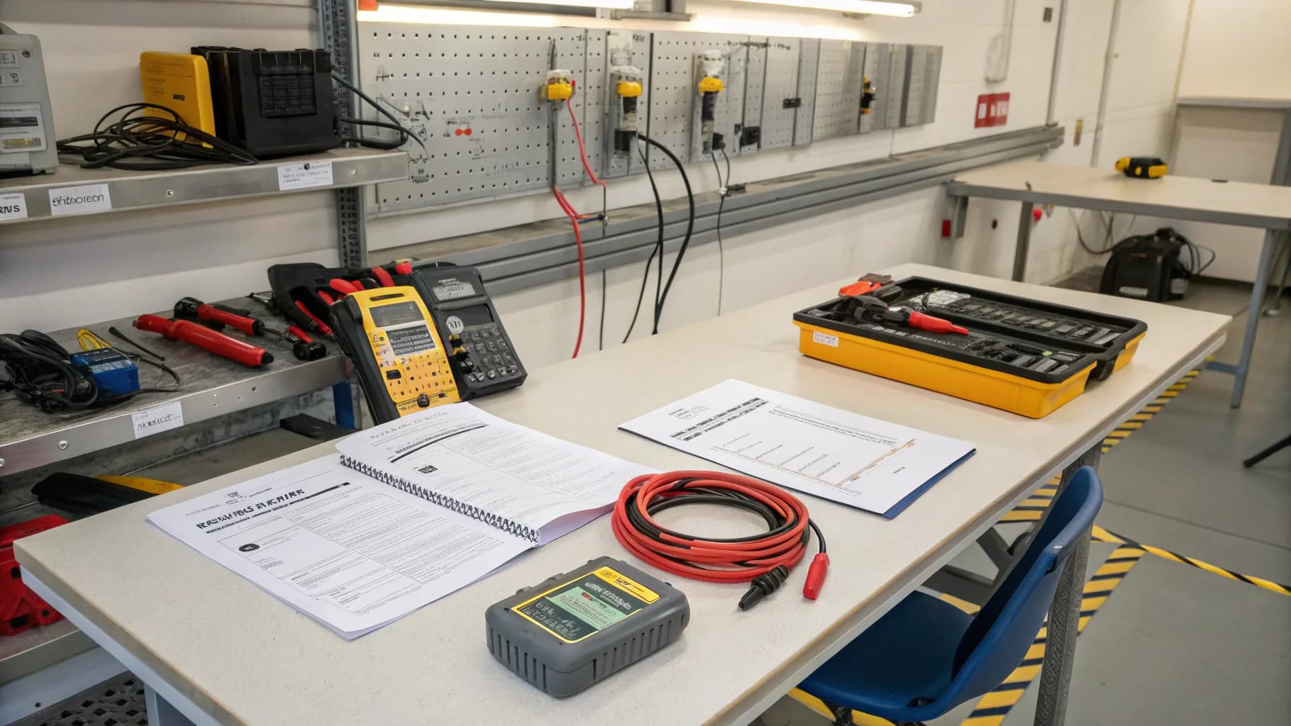 Professional electrical testing equipment and safety certification documents in Birmingham workshop, no humans appears in the image
