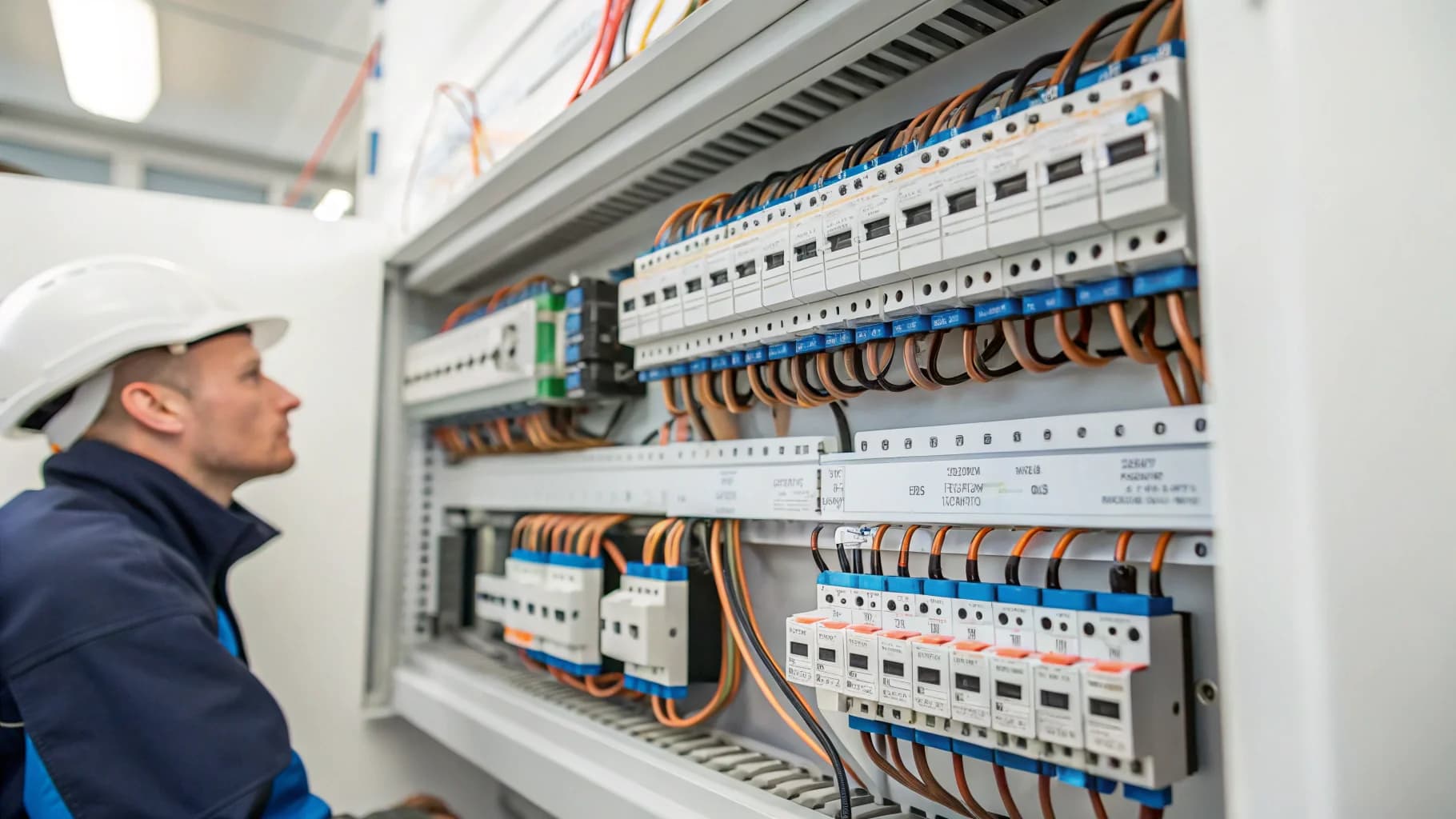 Professional electrical consumer unit installation with circuit breakers and copper wiring, no humans appears in the image