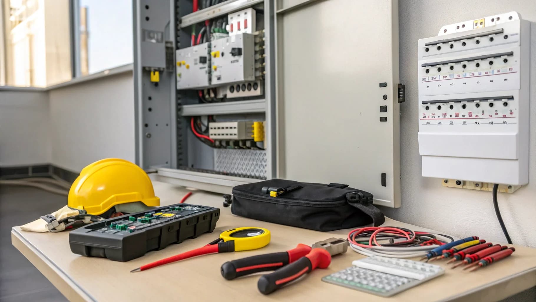Professional electrical repair equipment and circuit breaker panel in Birmingham workspace, no humans appears in the image