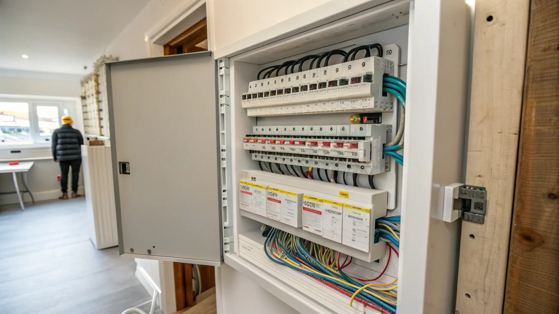 Professional electrical consumer unit installation with modern circuit breakers in Birmingham property, no humans appears in the image