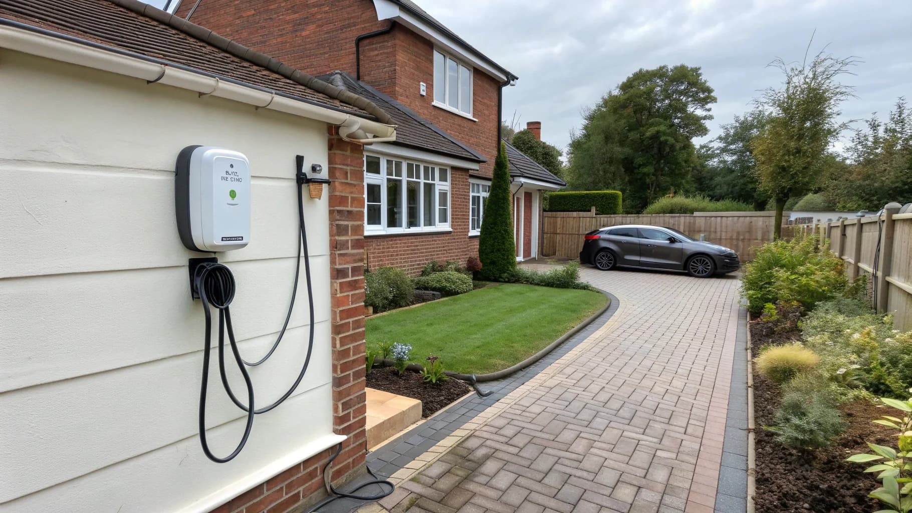 Electric vehicle charging point installed on Birmingham home exterior wall, no humans appears in the image