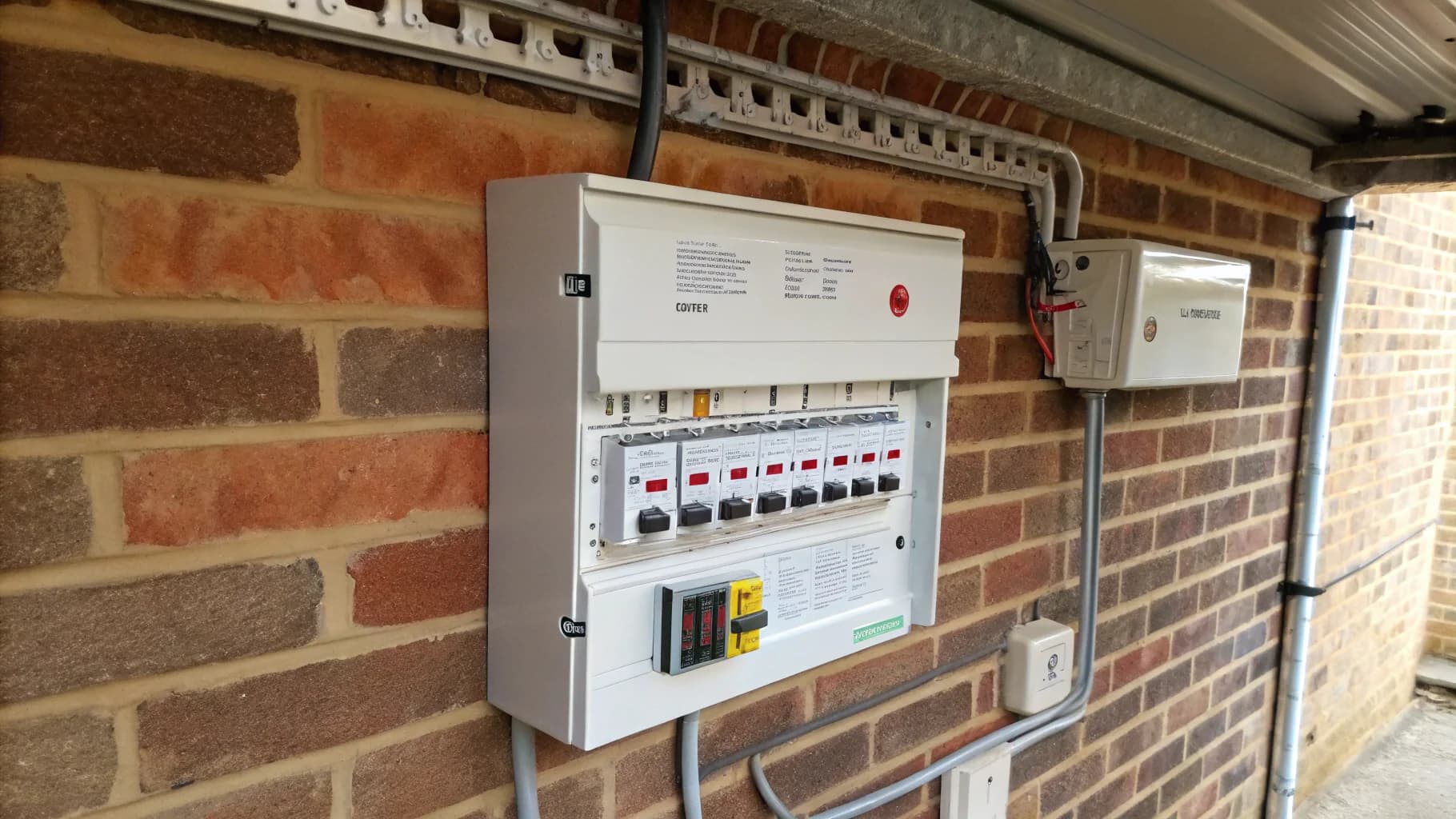 Modern consumer unit with circuit breakers on brick wall in Birmingham home no humans appears in the image