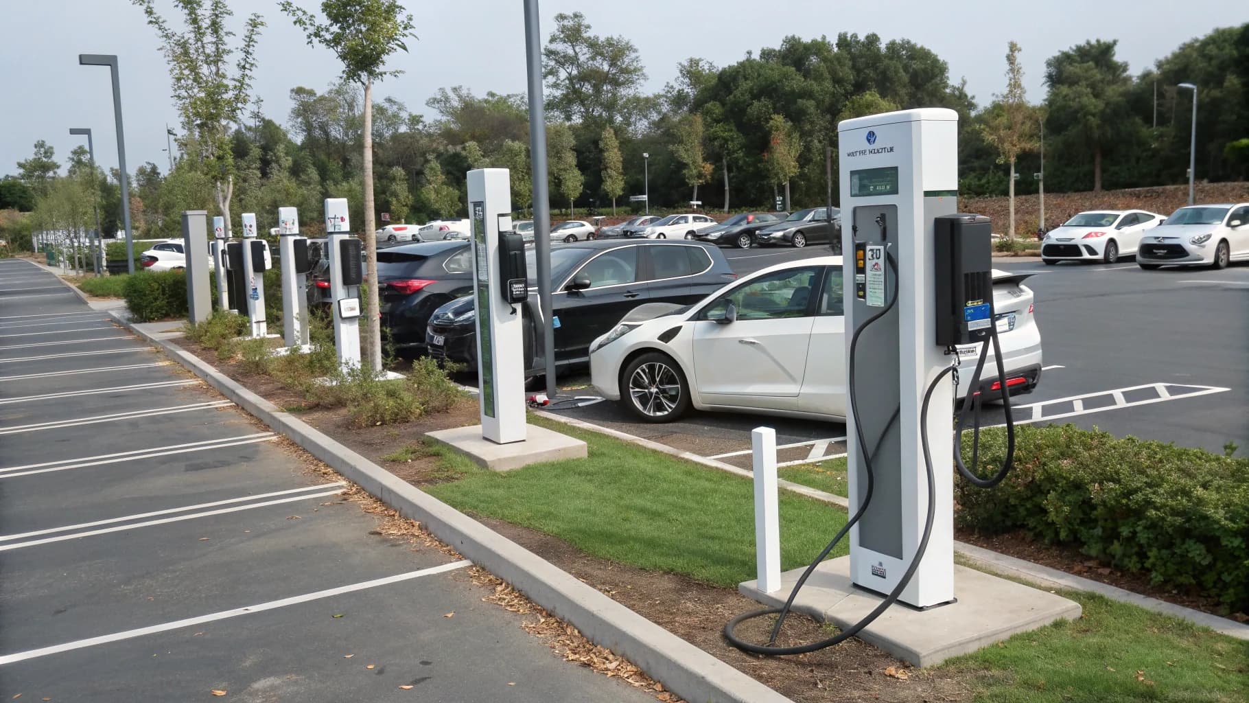 Multiple commercial electric vehicle charging stations mounted in business car park, no humans appears in the image