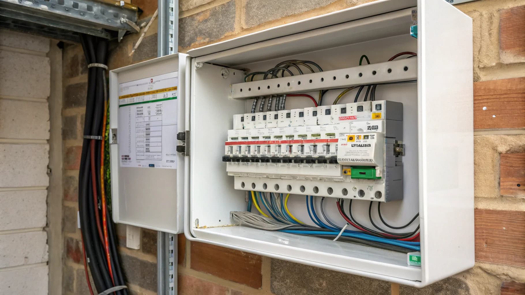 Modern electrical consumer unit with circuit breakers and wiring installation in Birmingham home, no humans appears in the image