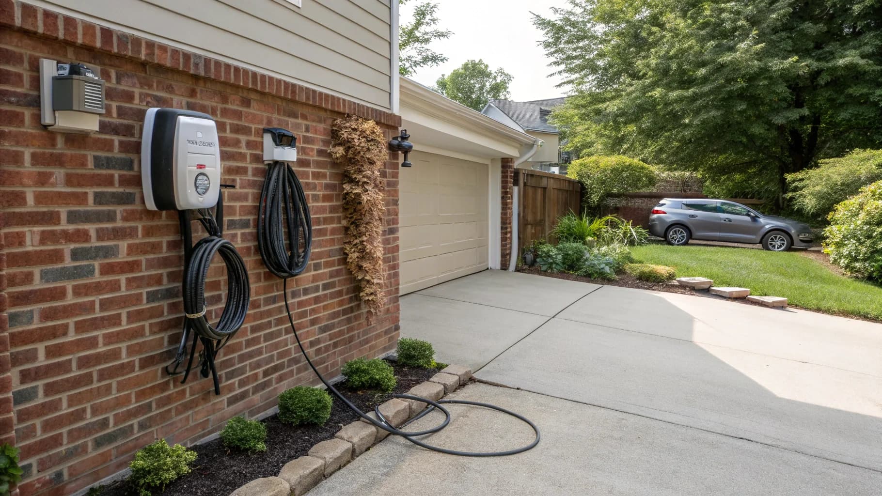 Residential driveway charging unit mounted on brick wall with cable management, no humans appears in the image